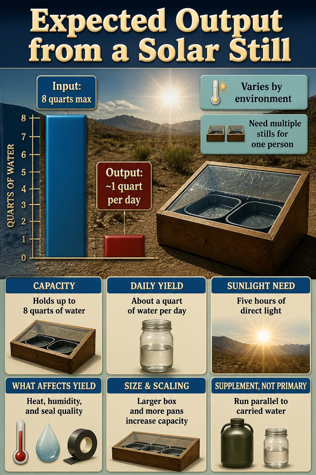 How to Make a Solar Still: Seven Steps for Clear Water 10 An information image titled 'Expected Output from a Solar Still' related to survival.