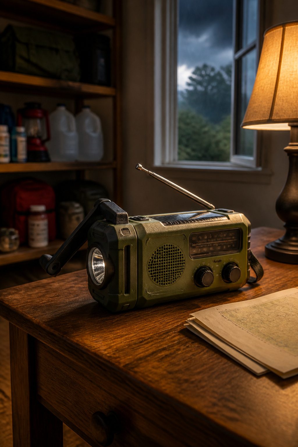 How to Make a Survival Kit: Emergency Preparedness Guide 5 A hand-crank radio with a rechargeable battery on a table.