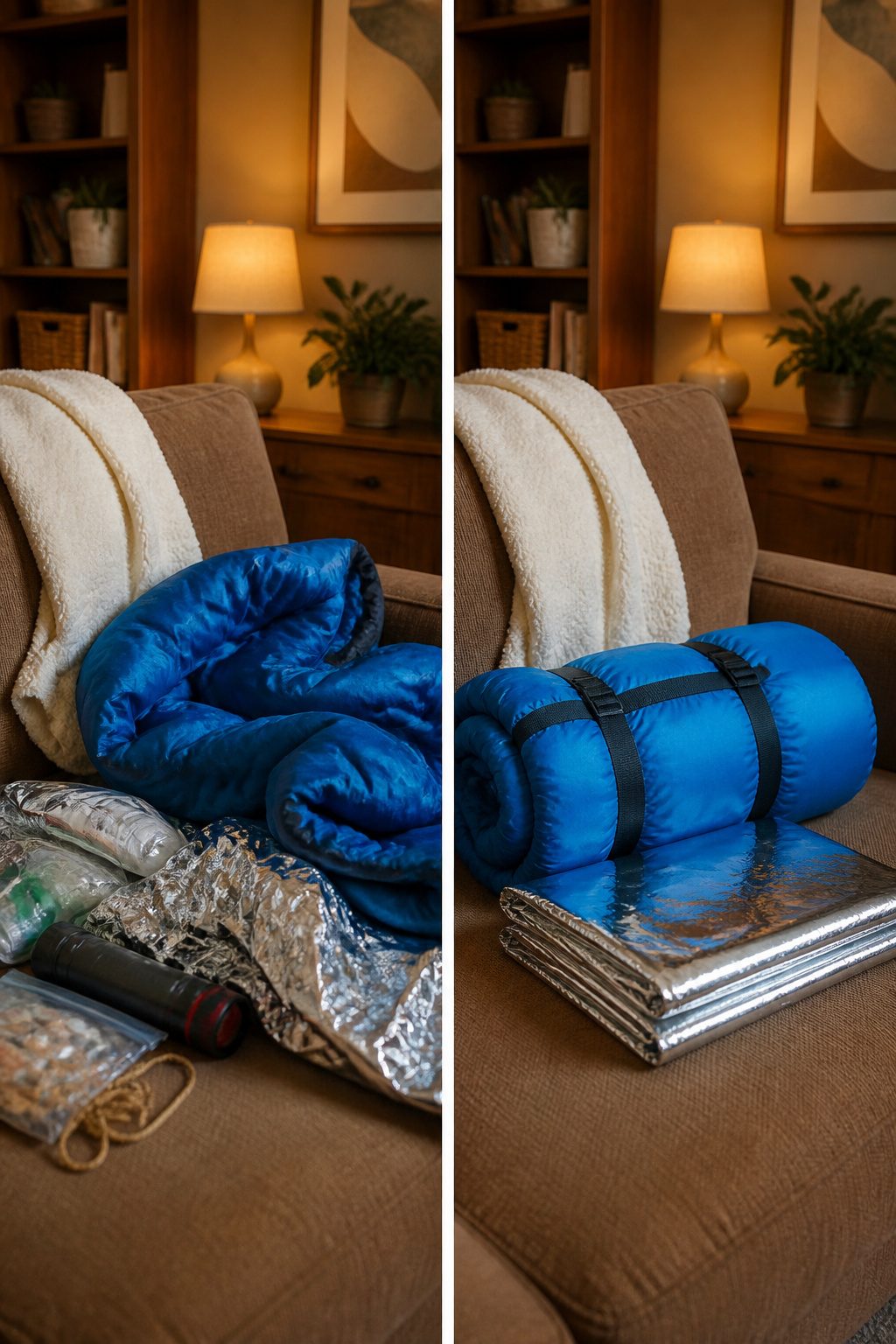 How to Make a Survival Kit: Emergency Preparedness Guide 9 A sleeping bag displayed on a table with a reflective emergency blanket.