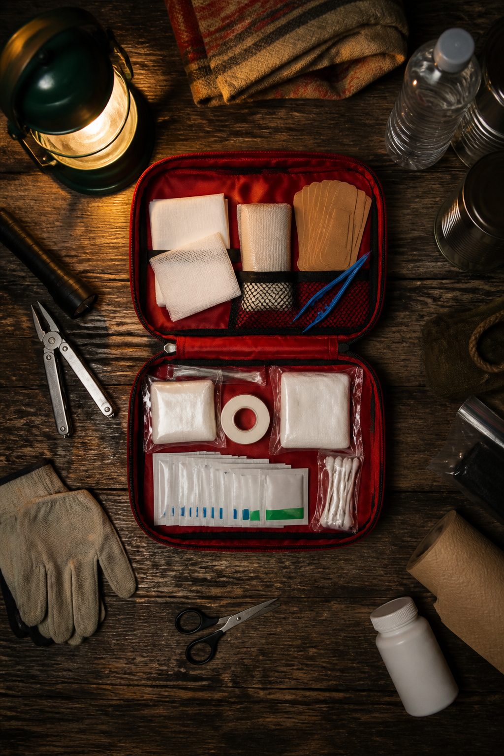 How to Make a Survival Kit: Emergency Preparedness Guide 3 A first aid kit with adhesive bandages and medical supplies on a counter.