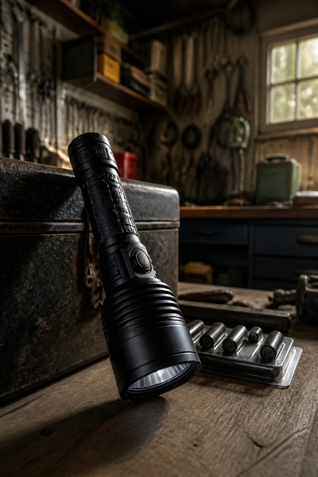 How to Make a Survival Kit: Emergency Preparedness Guide 4 A flashlight on a table with spare batteries nearby.