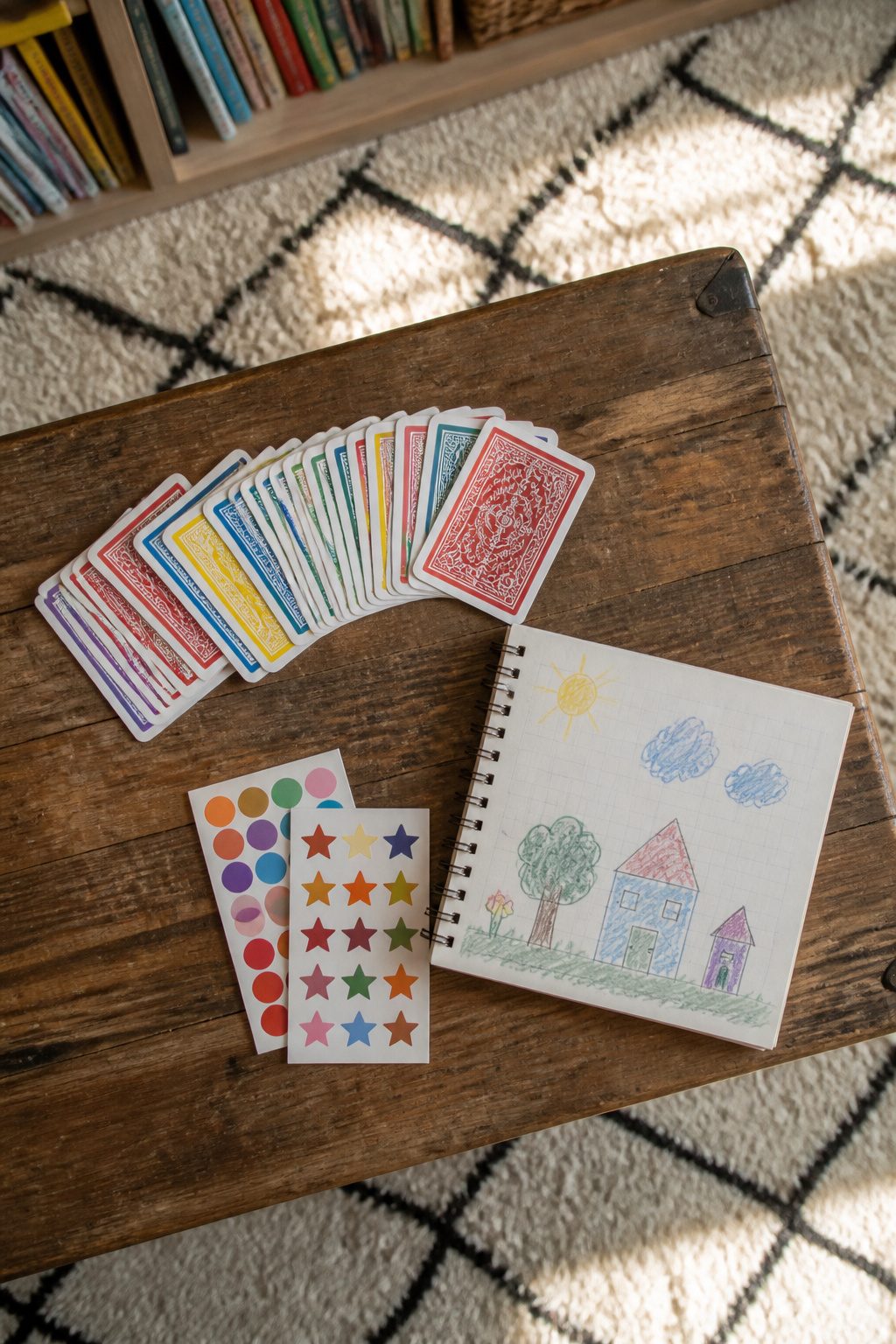 How to Make a Survival Kit: Emergency Preparedness Guide 14 A deck of cards, notepad, and stickers on a table.