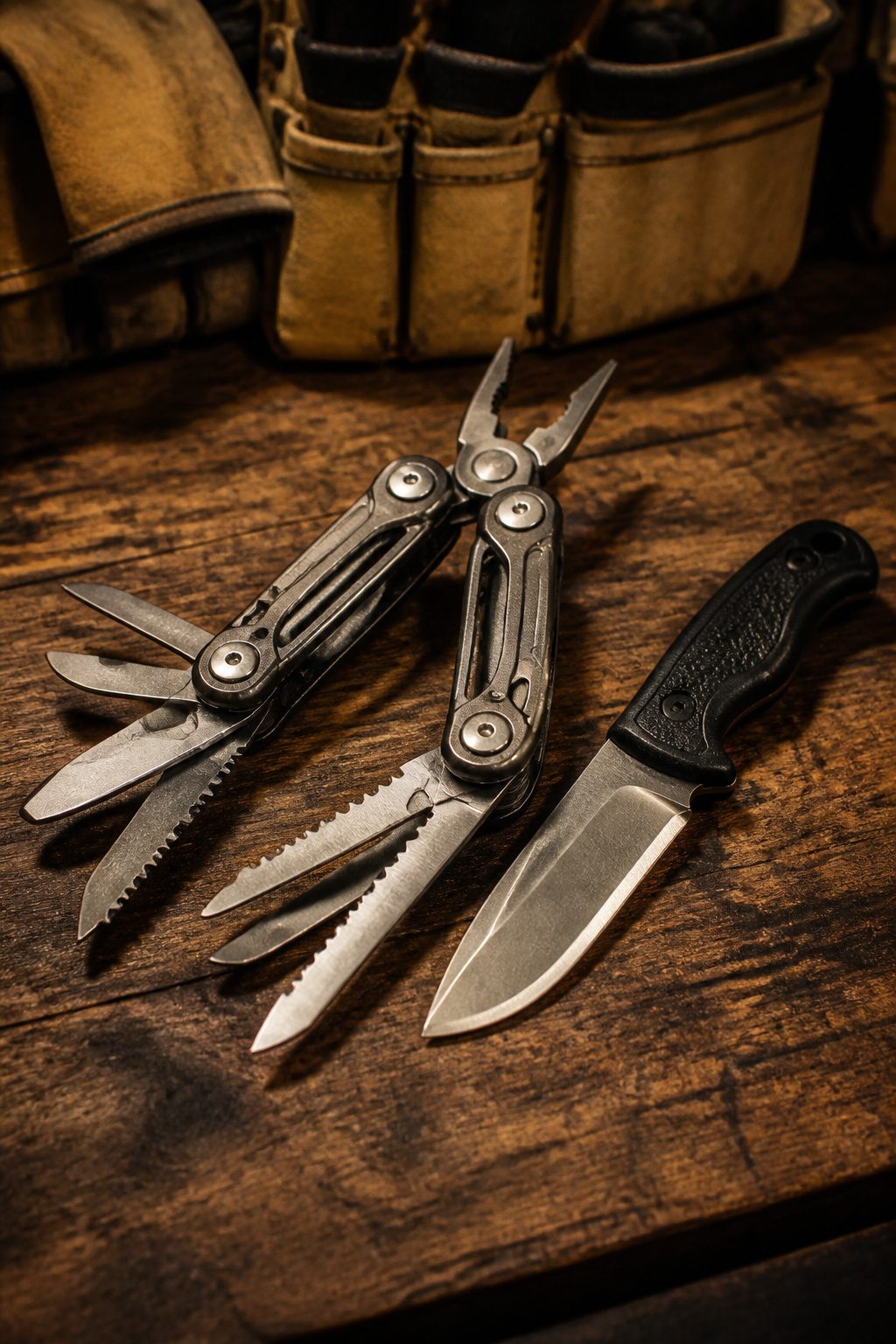 How to Make a Survival Kit: Emergency Preparedness Guide 11 A multi-tool and a fixed-blade knife on a table.