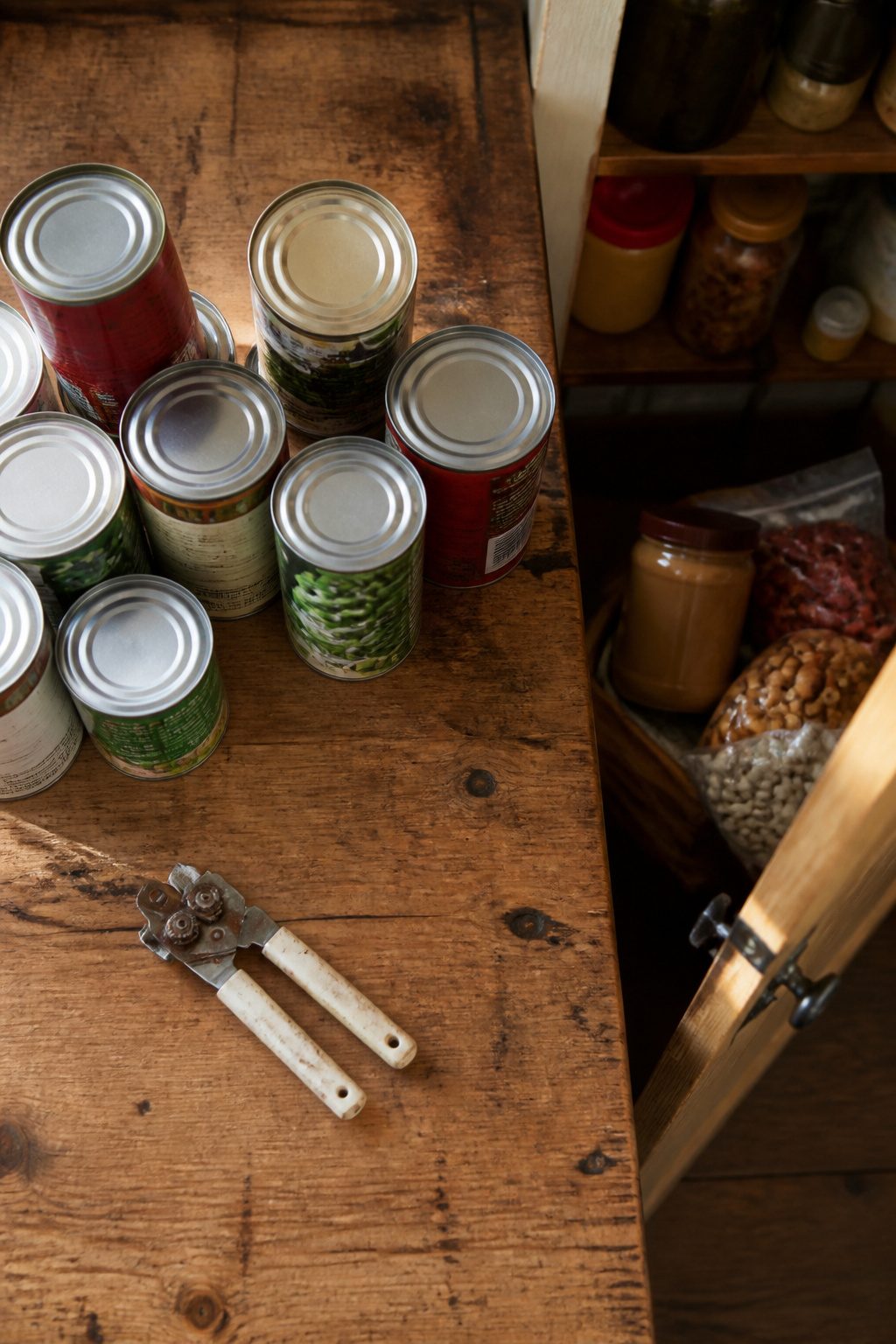 How to Make a Survival Kit: Emergency Preparedness Guide 2 A selection of canned goods and a P-38 can opener on a table.