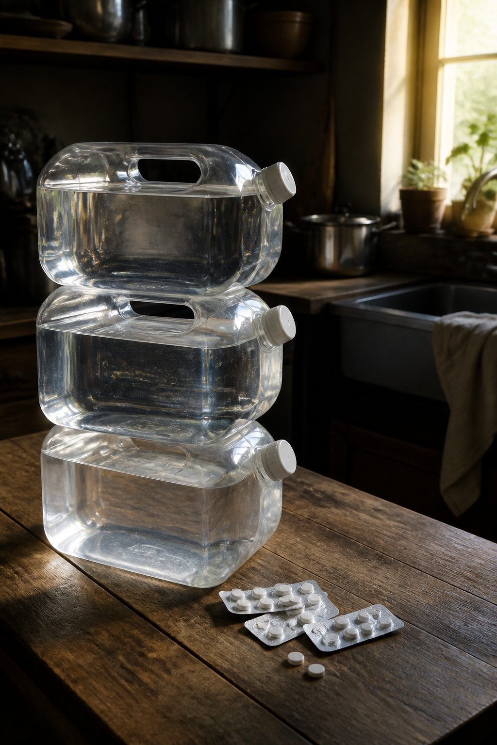 How to Make a Survival Kit: Emergency Preparedness Guide 1 Three clear, stackable water bricks on a rustic wooden table.