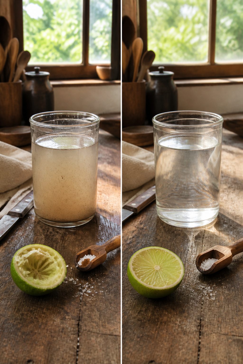 A pinch of salt on a wooden table beside murky water.