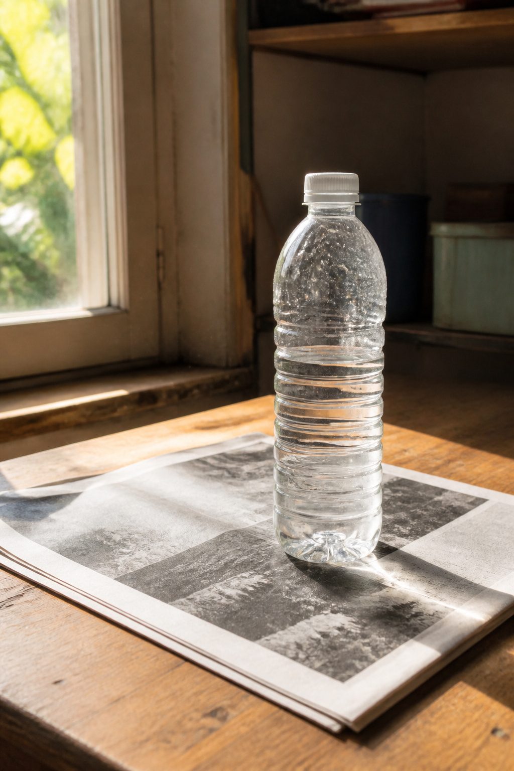 A clear bottle positioned over a newspaper headline.