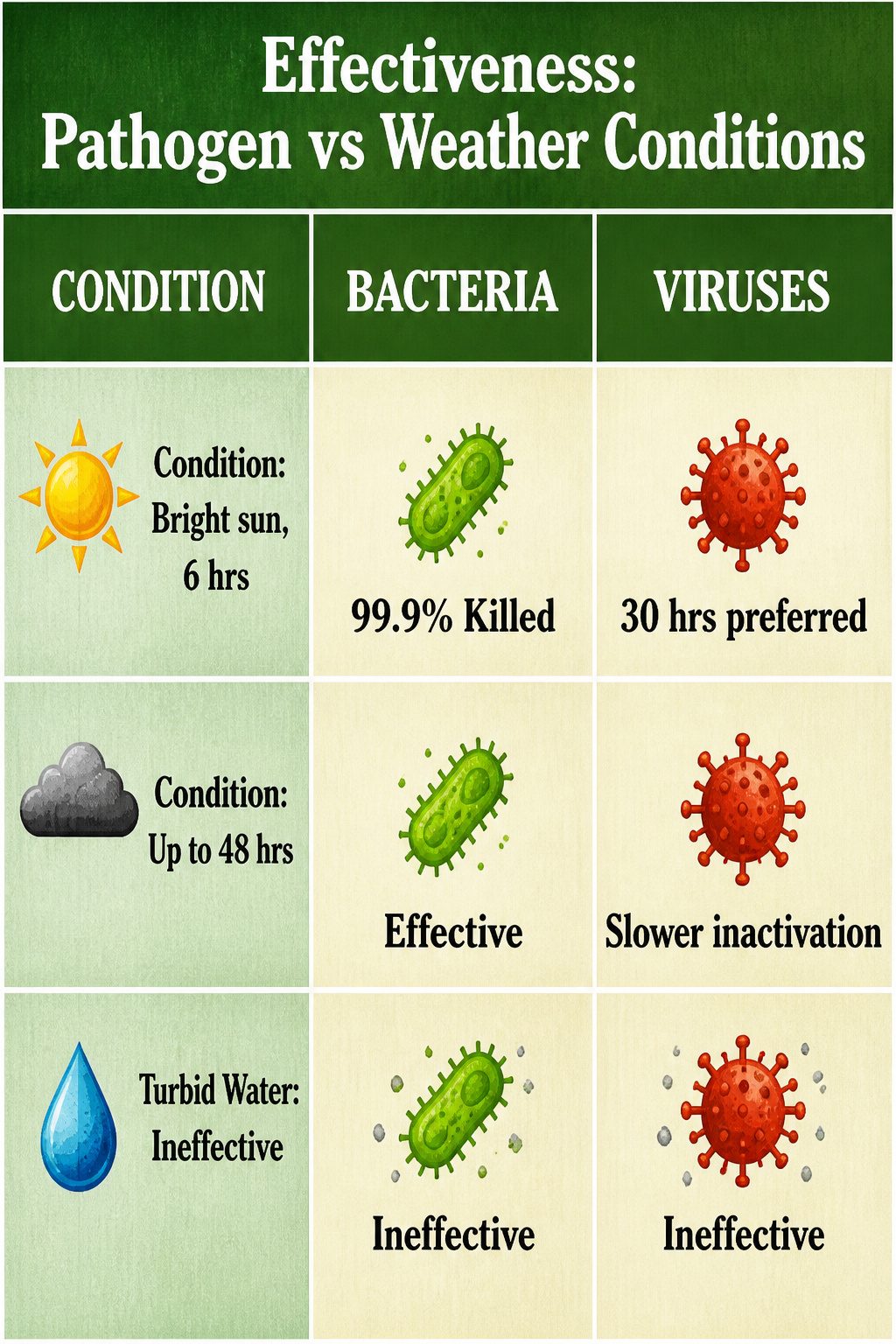 A table comparing disinfection effectiveness by pathogen and weather.