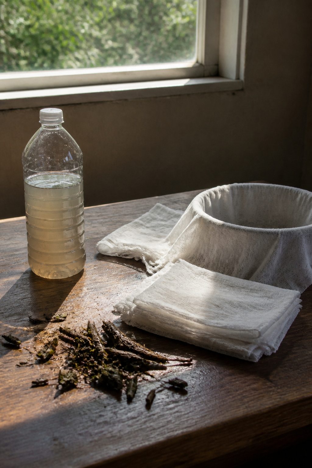 Layers of clean cloth on a rustic table with murky water.