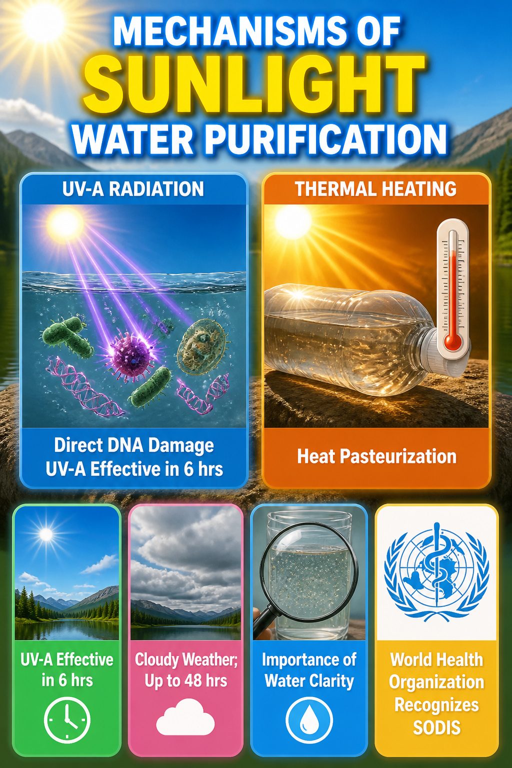 An illustration explaining mechanisms of sunlight water purification.