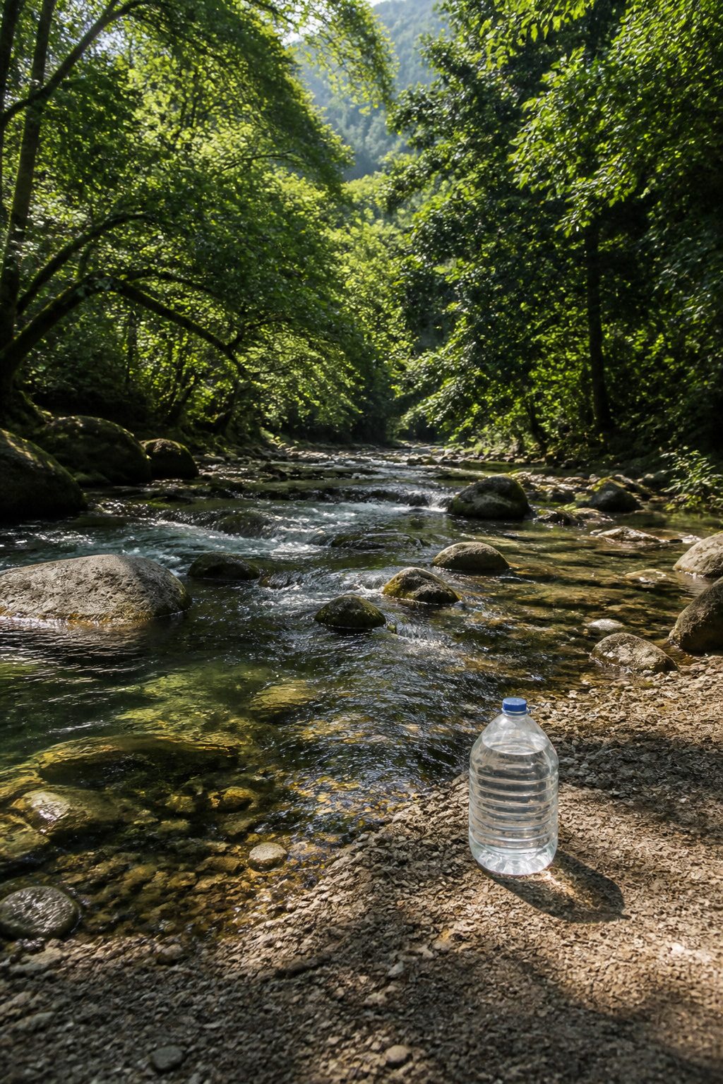 A flowing stream of water surrounded by natural scenery.