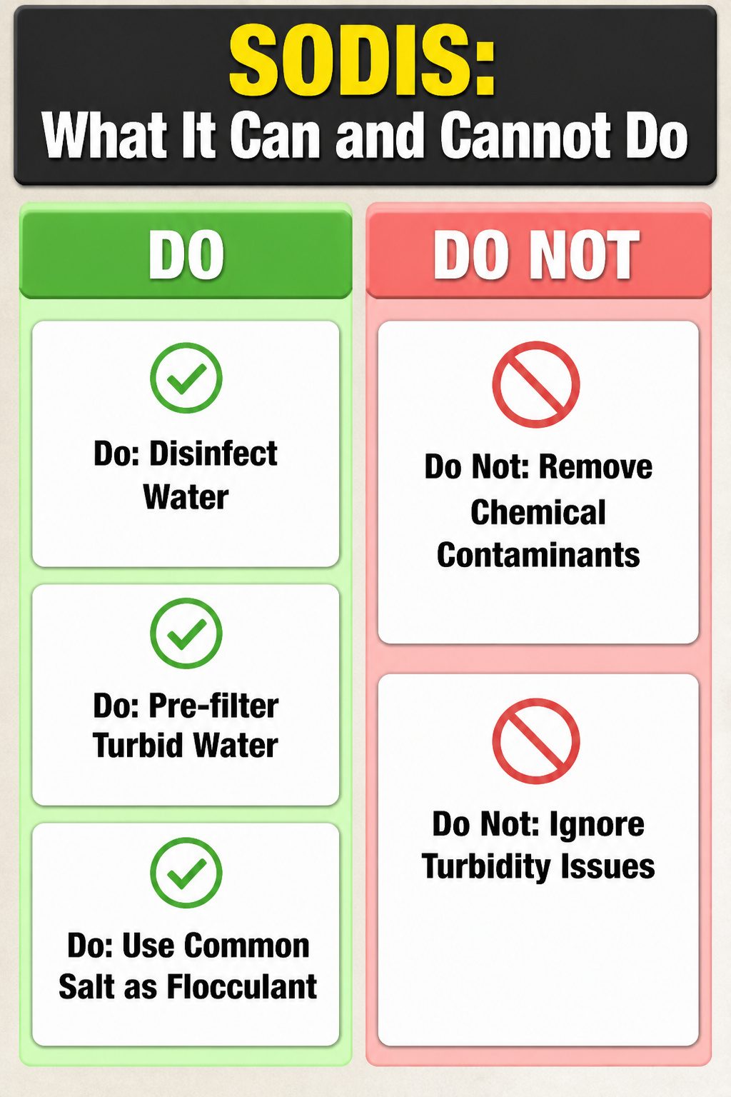 An infographic showing what SODIS can and cannot do.