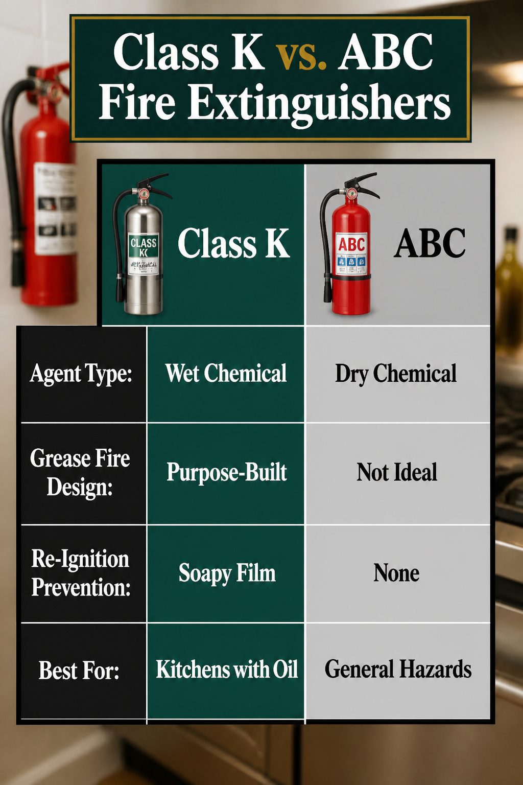 How to Put Out a Grease Fire: 5 Steps for Kitchen Safety in 2026 8 Chart comparing features of Class K and ABC fire extinguishers.