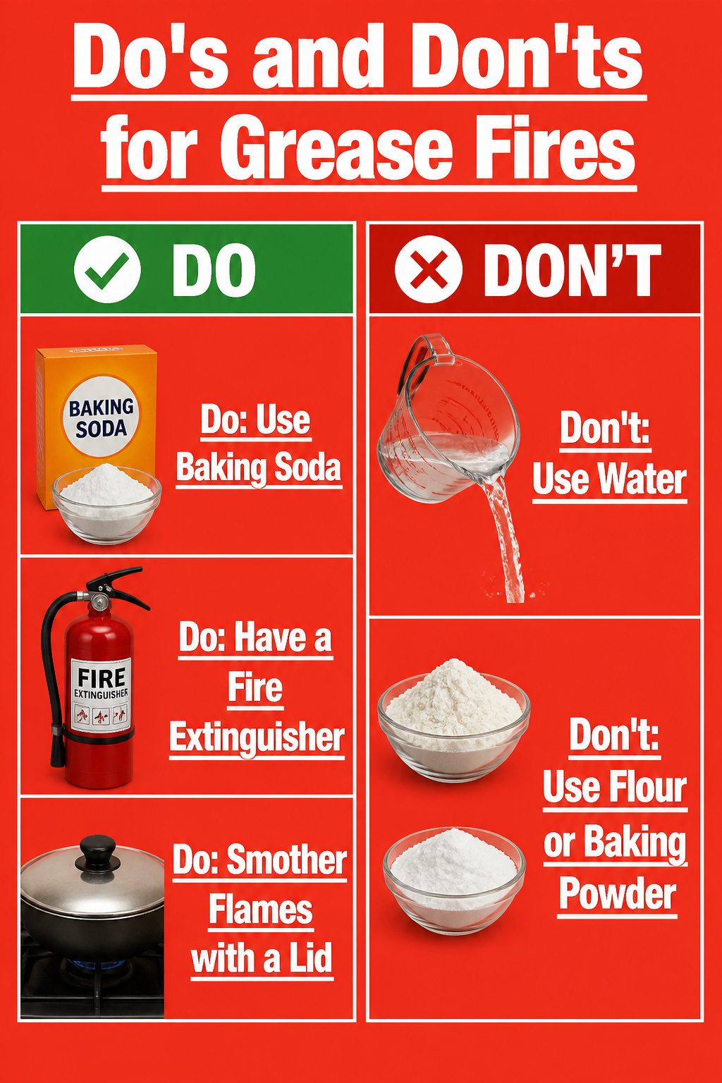 How to Put Out a Grease Fire: 5 Steps for Kitchen Safety in 2026 6 Graphic highlighting the risks of water on grease fires.