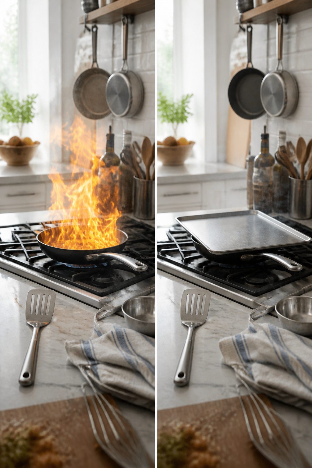 How to Put Out a Grease Fire: 5 Steps for Kitchen Safety in 2026 2 Flat metal lid covering a frying pan to extinguish flames.