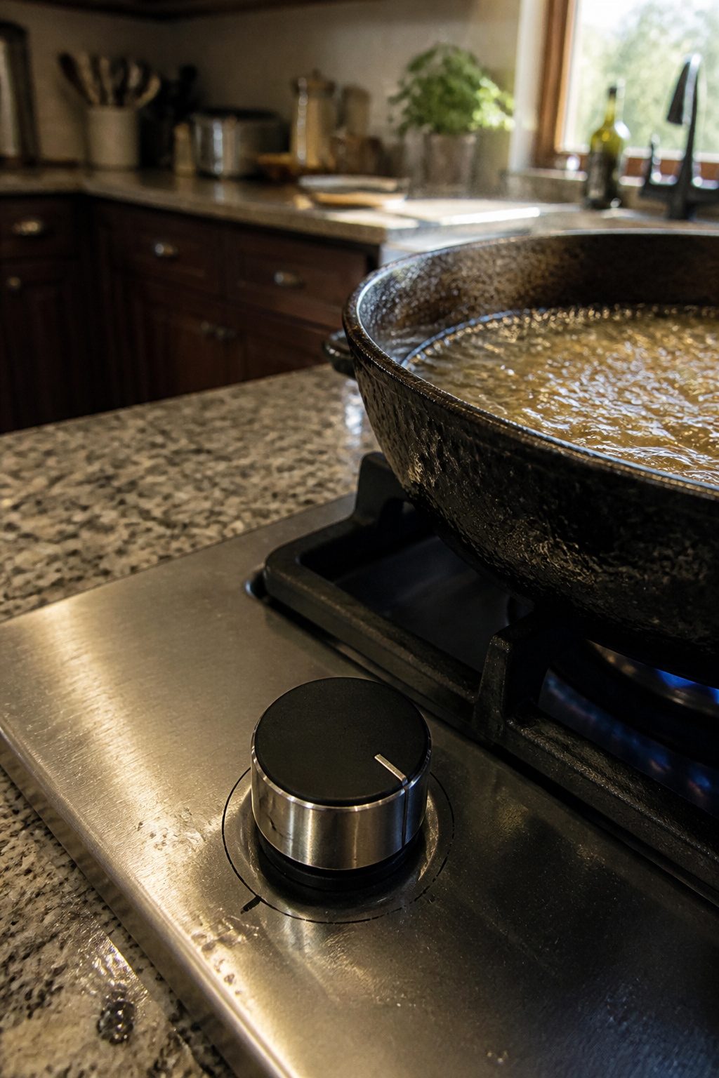 How to Put Out a Grease Fire: 5 Steps for Kitchen Safety in 2026 1 Gas stovetop burner knob turned off next to a frying pan.