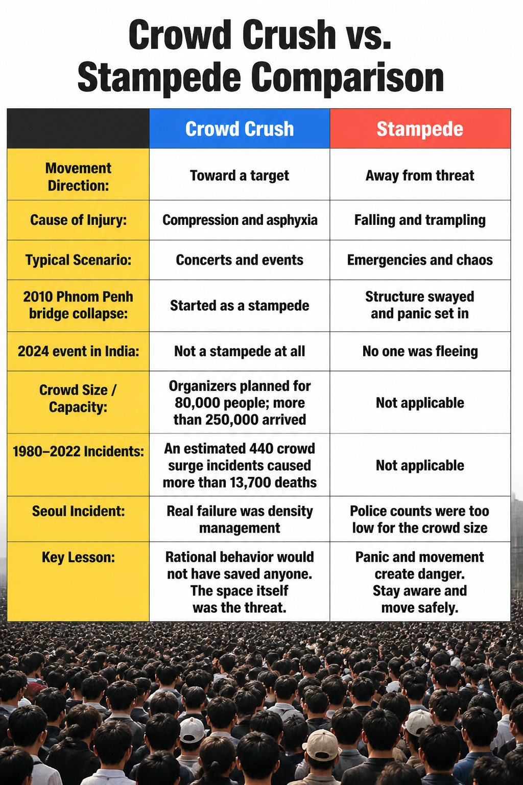 How to Survive a Stampede: 8 Steps for Escaping a Deadly Crowd (2026) 9 A comparison chart illustrating crowd crush versus stampede incidents.