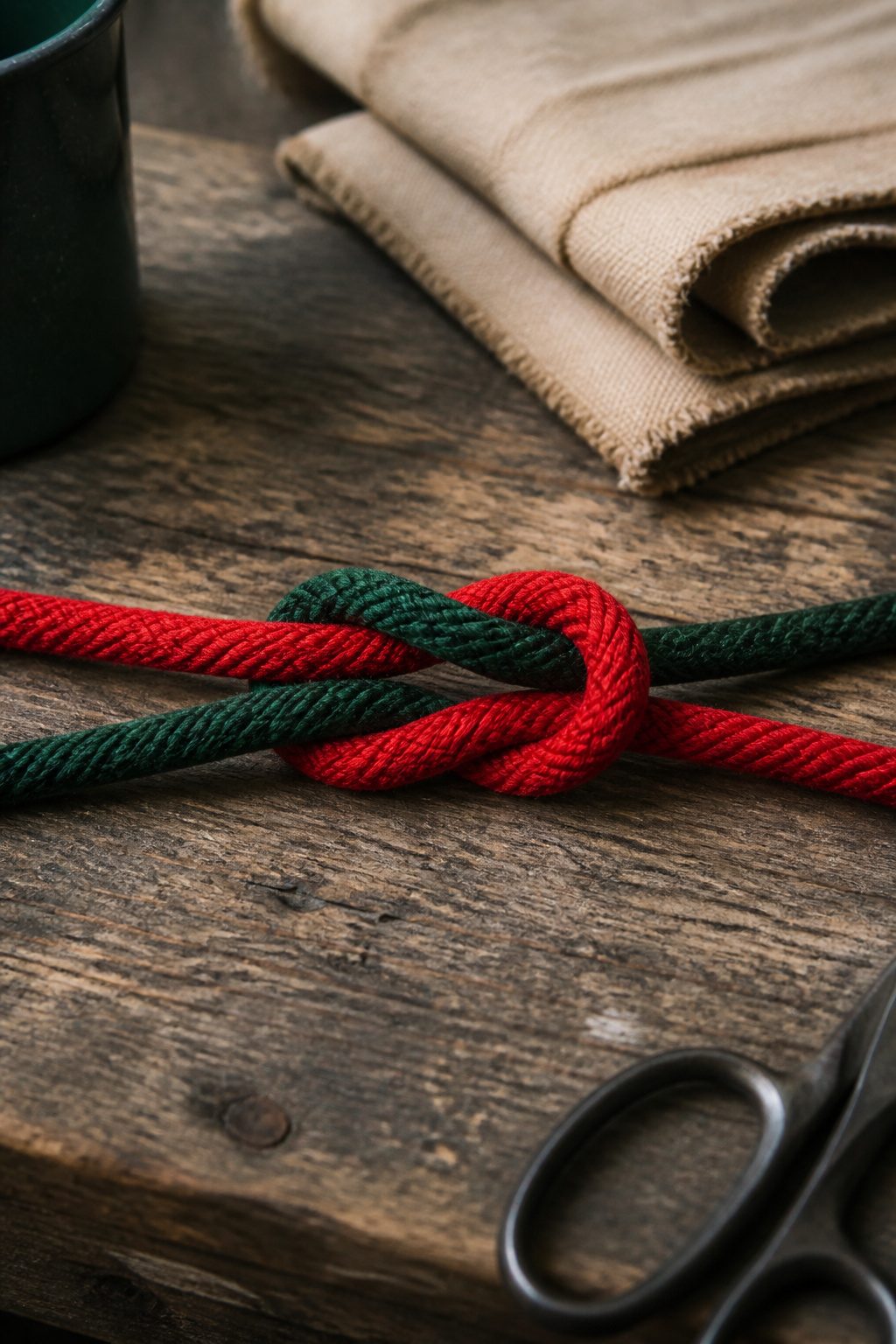 Close-up of red and green ropes intertwined on a weathered table.