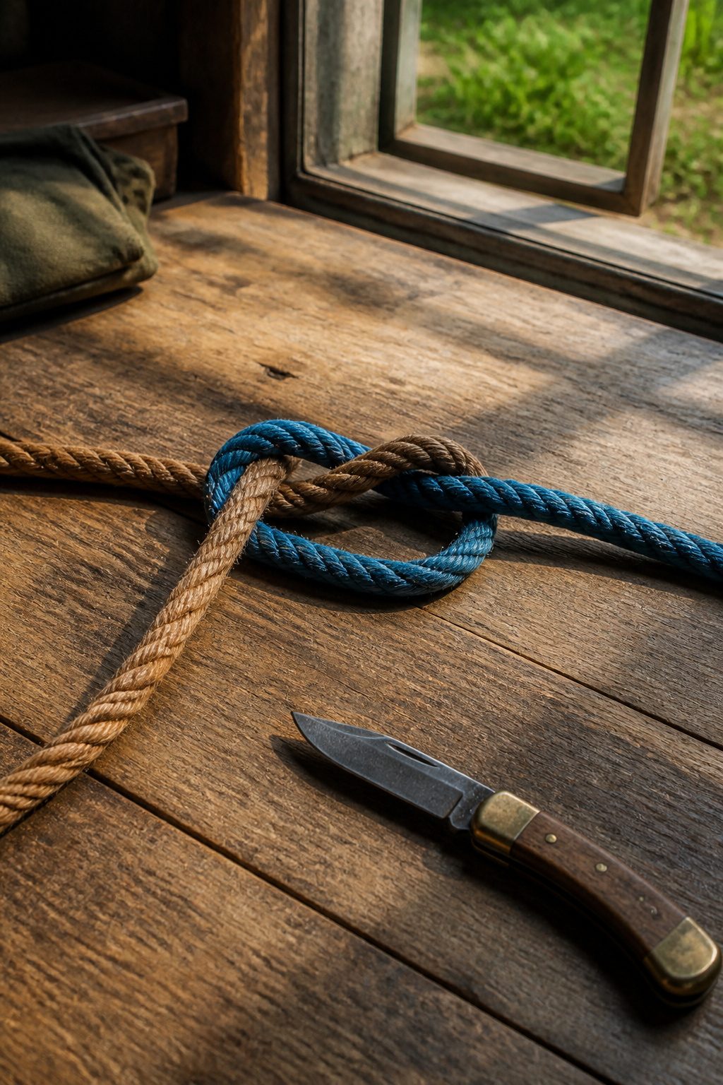 Two lengths of rope, one blue and one brown, crossed on a wooden table.