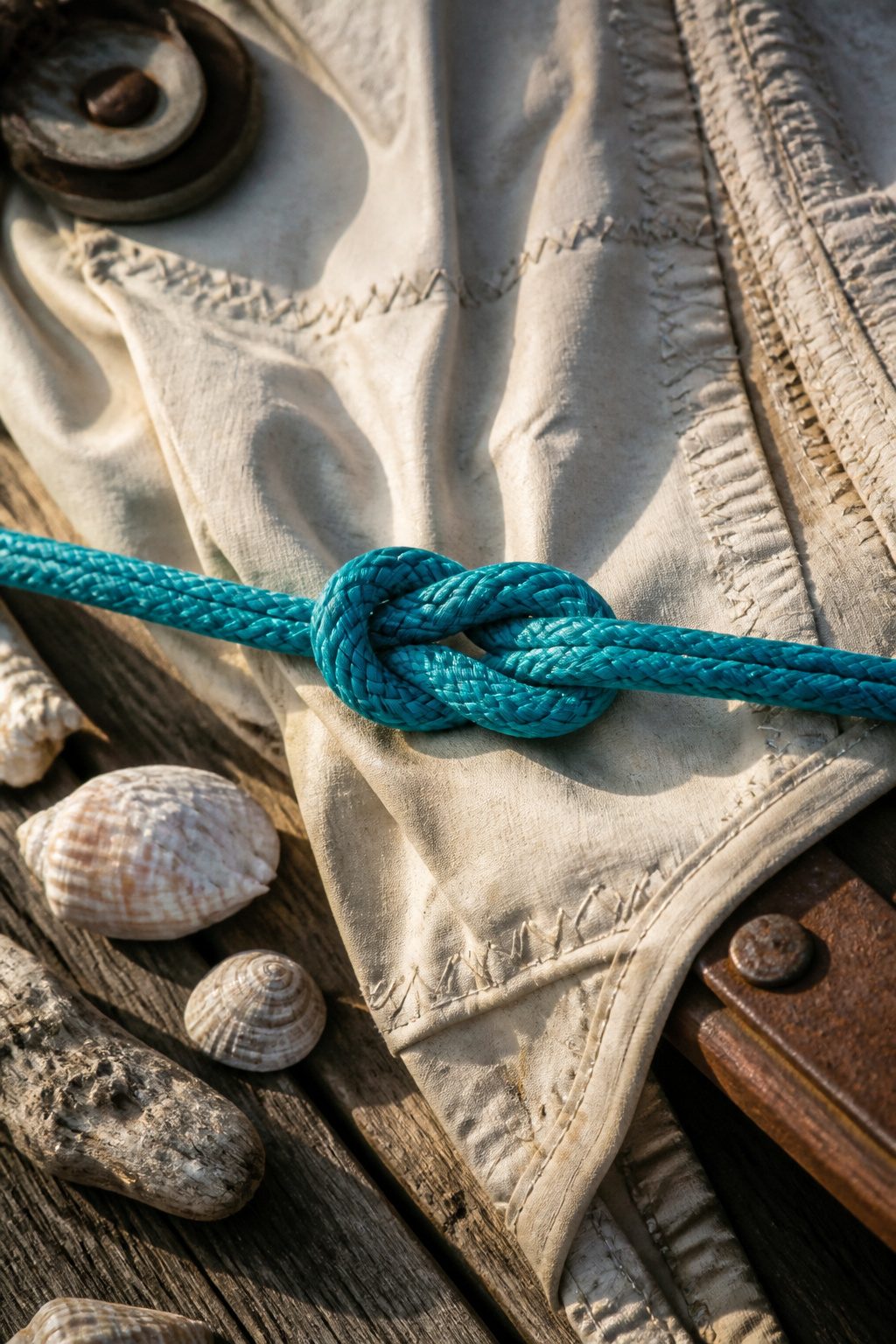 Teal square knot on a canvas background with nautical features.