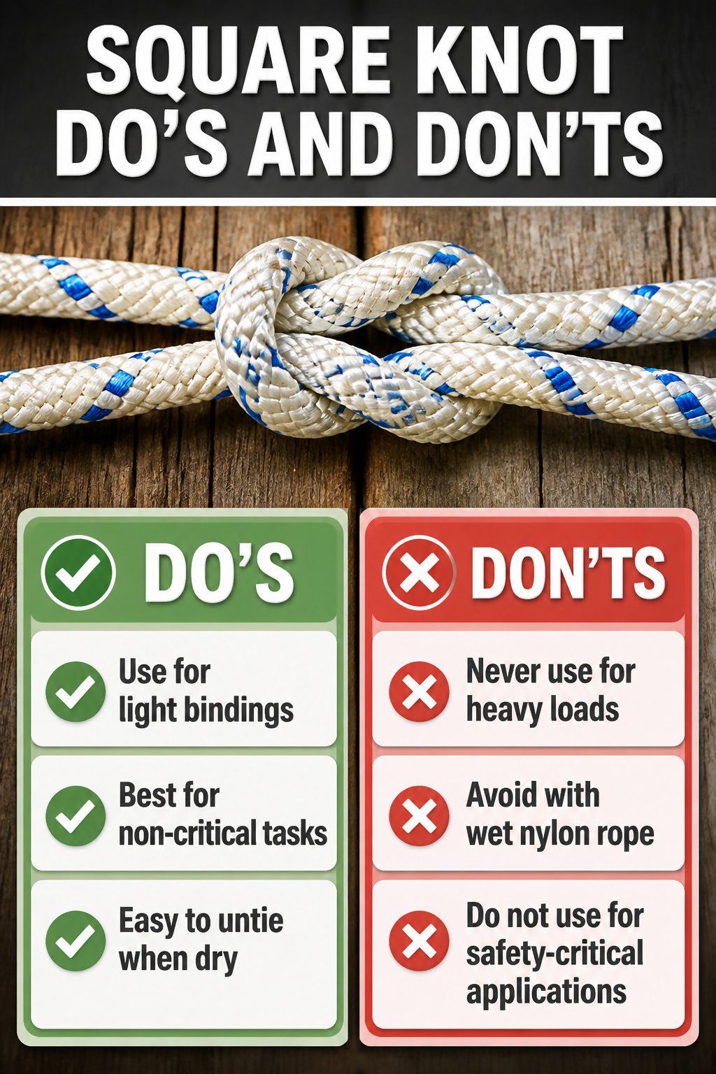 Information image titled 'Square Knot Do's and Don'ts' on a survival theme.