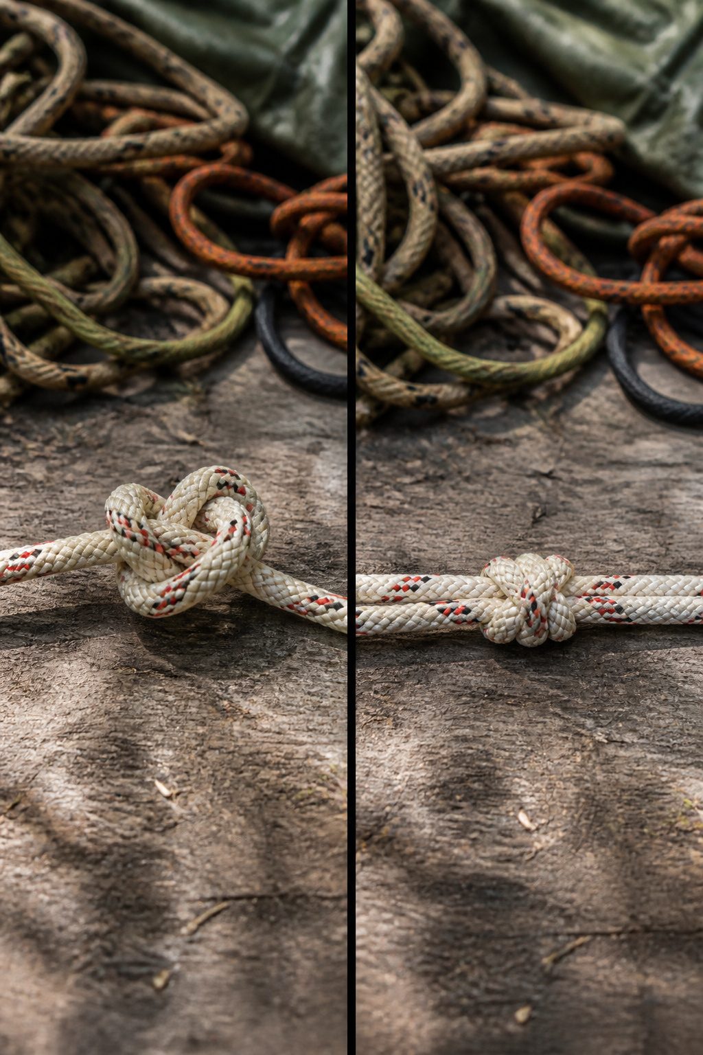 A distorted granny knot with uneven loops and working ends.