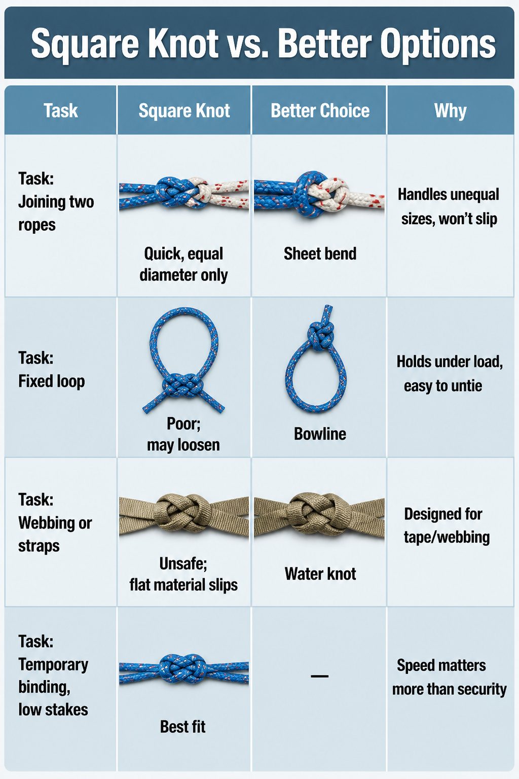 Information image comparing square knot with better knot options.