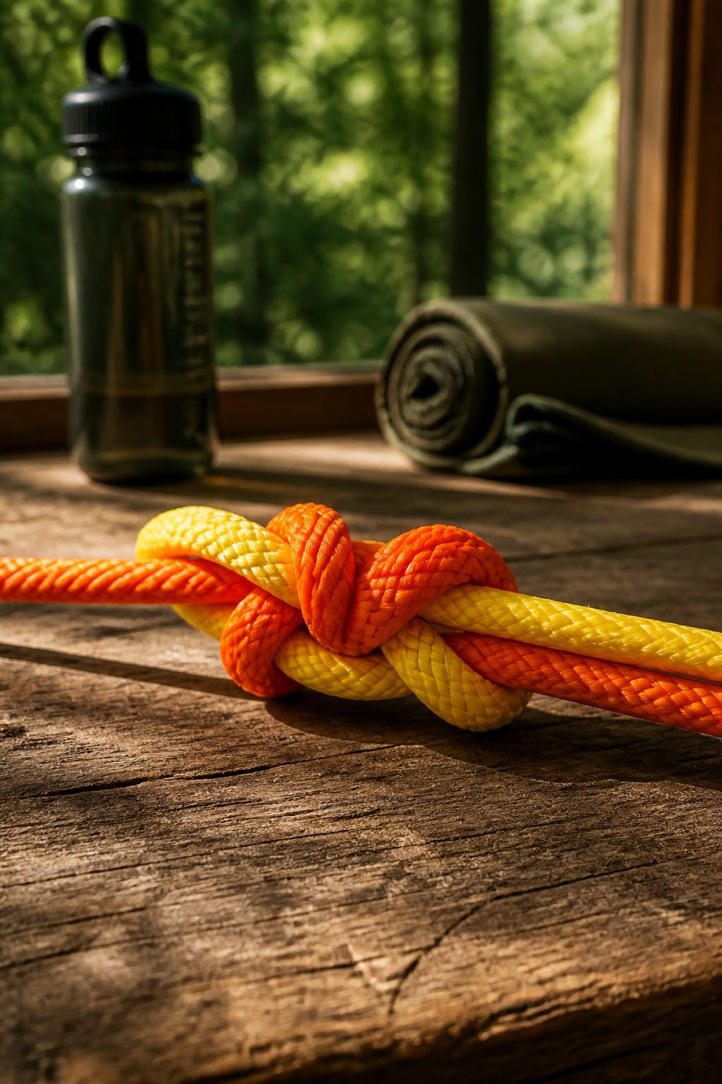 Surgeon's knot tied with orange and yellow synthetic ropes on a table.