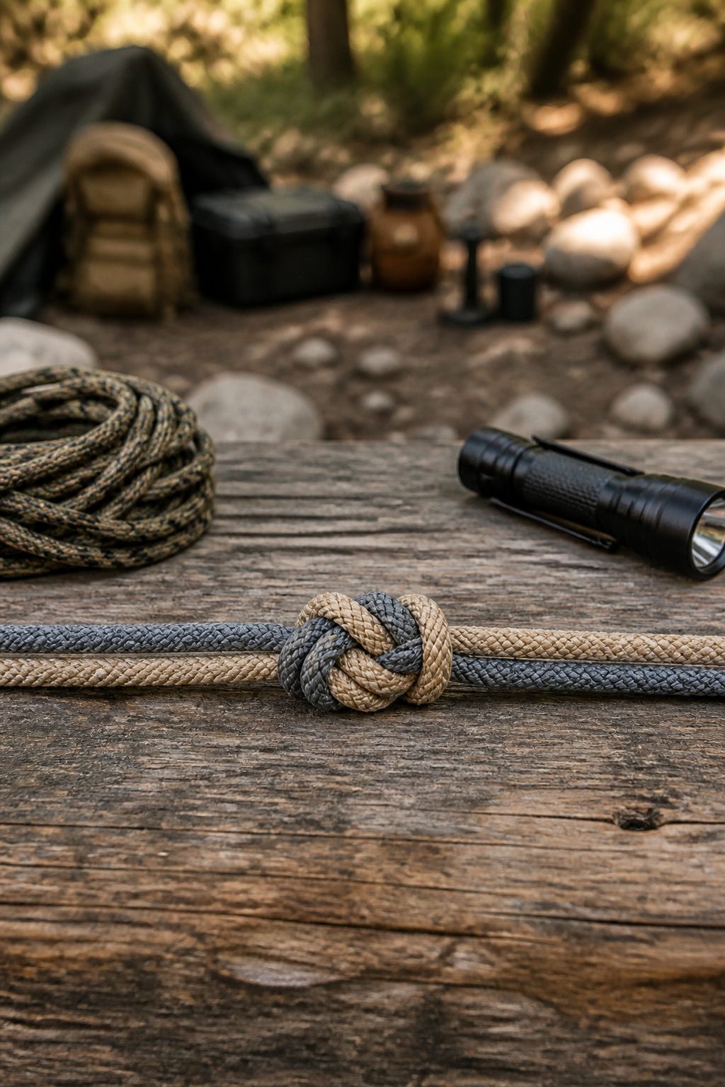 Finished square knot with grey and beige ropes on a workbench.