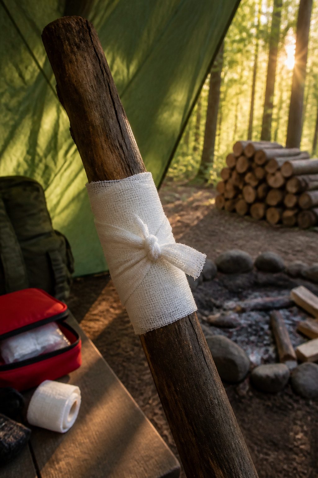 A bandage tied with a square knot around a dark piece of wood.