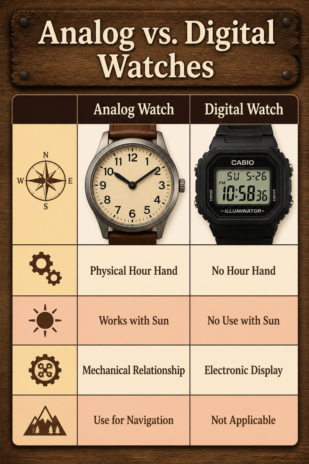 An information image comparing analog and digital watches.