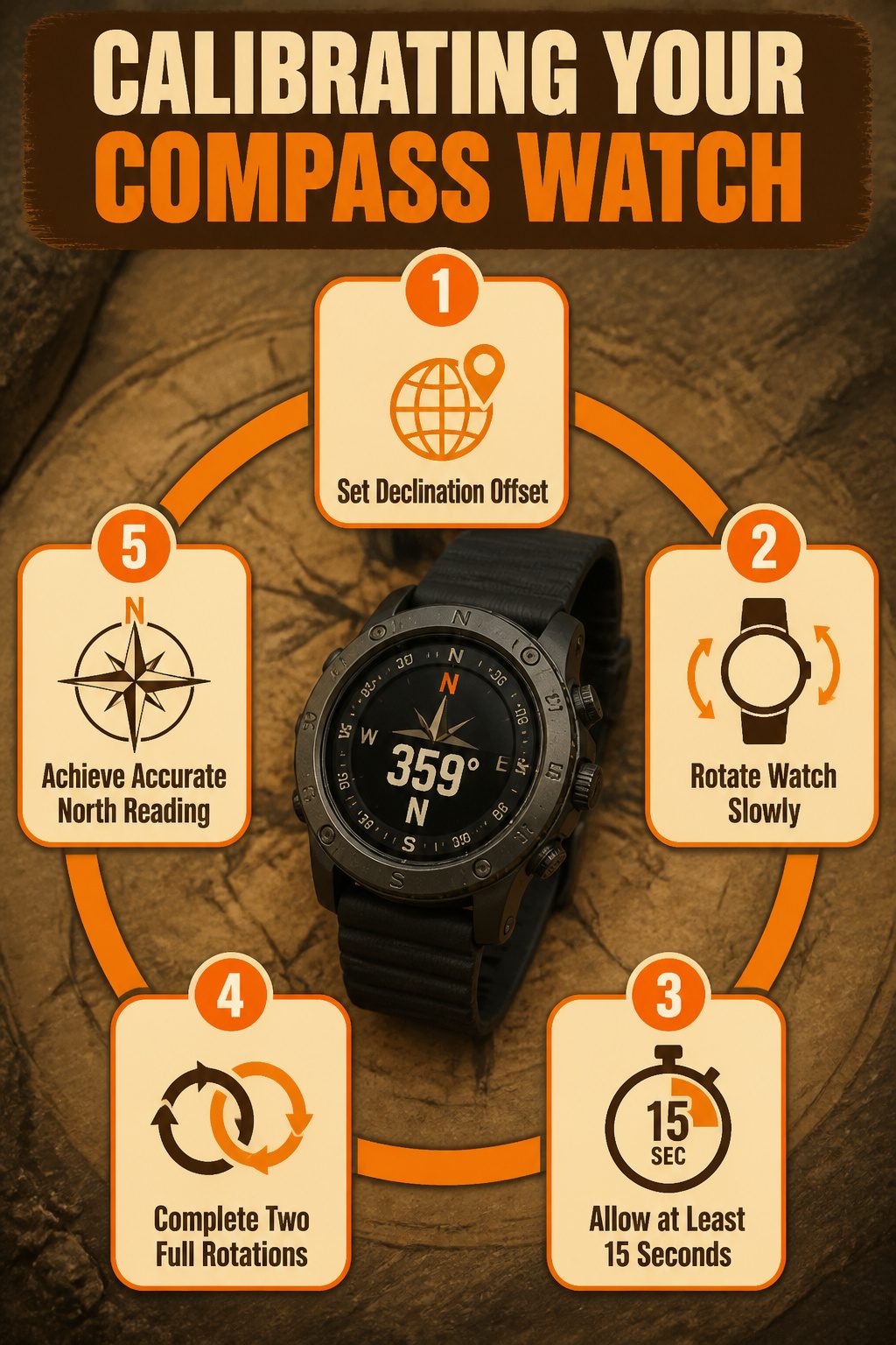 An information image showing how to calibrate a compass watch.