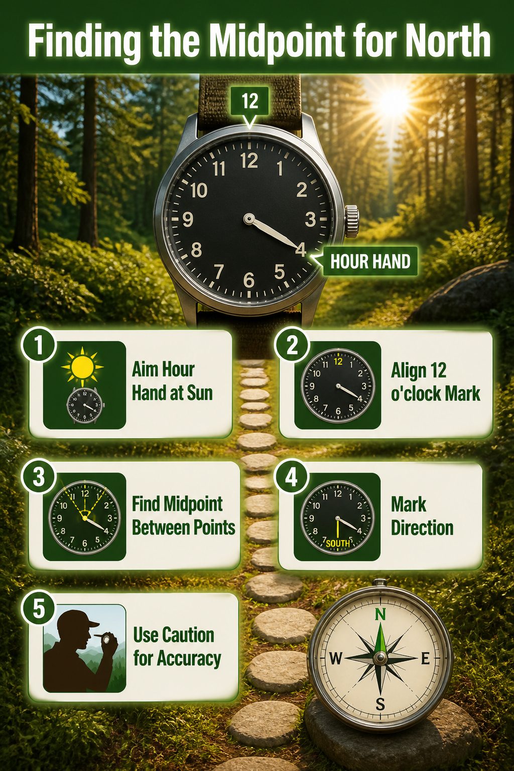 An image titled 'Finding the Midpoint for North' with an analog watch.