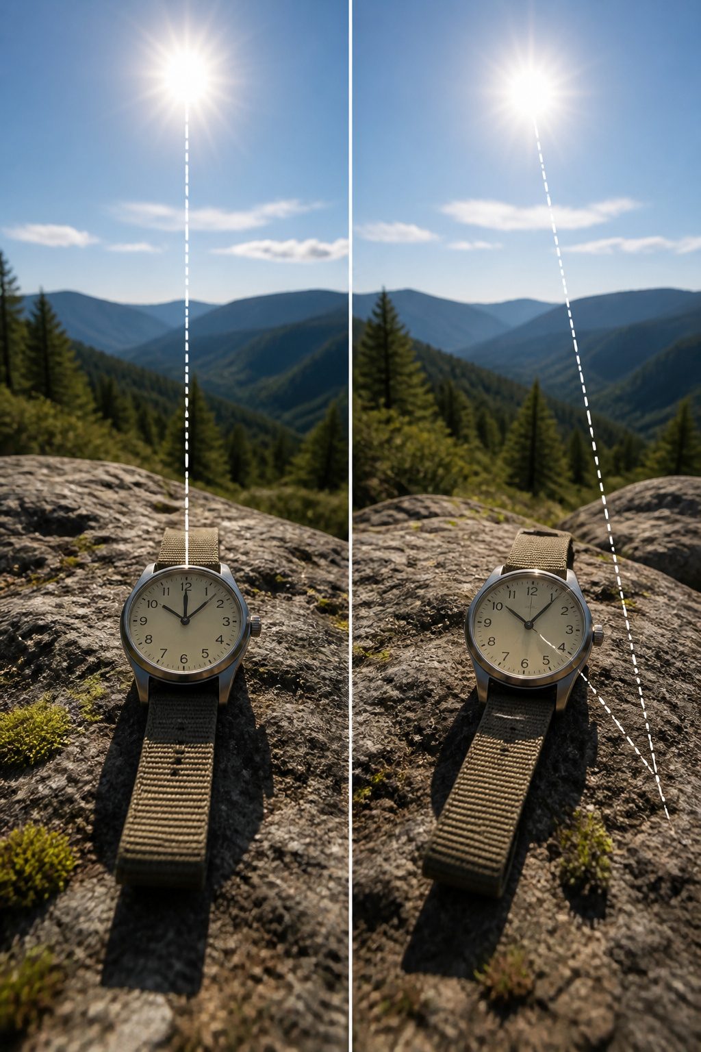 An analog wristwatch with its hour hand directed at the sun.