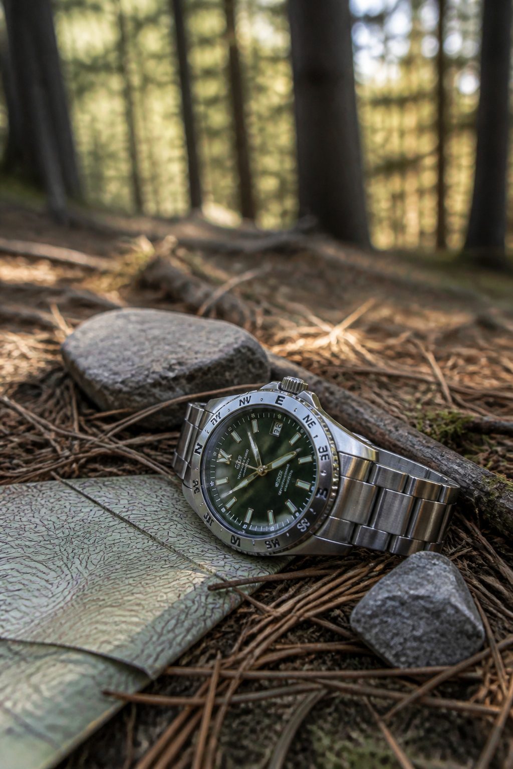 A Seiko Alpinist watch positioned on pine needles with a compass bezel.