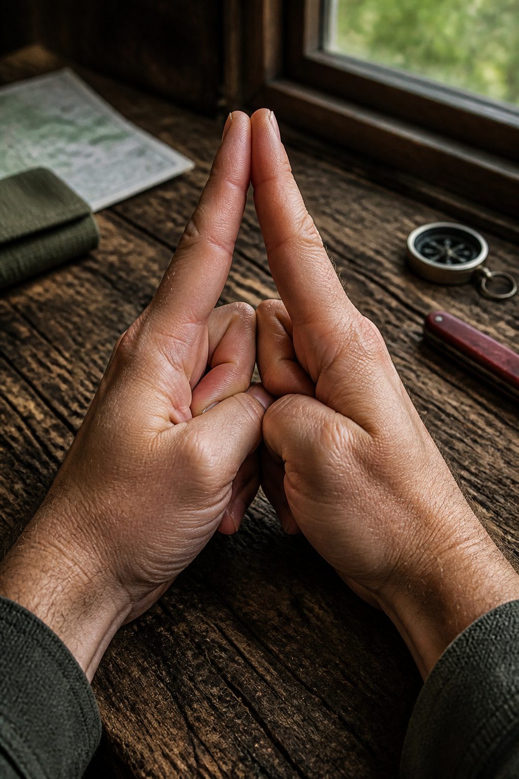 Loud Whistle: Finger Technique and the HyperWhistle 1 Hands forming an 'A' shape with fingers on a wooden surface.