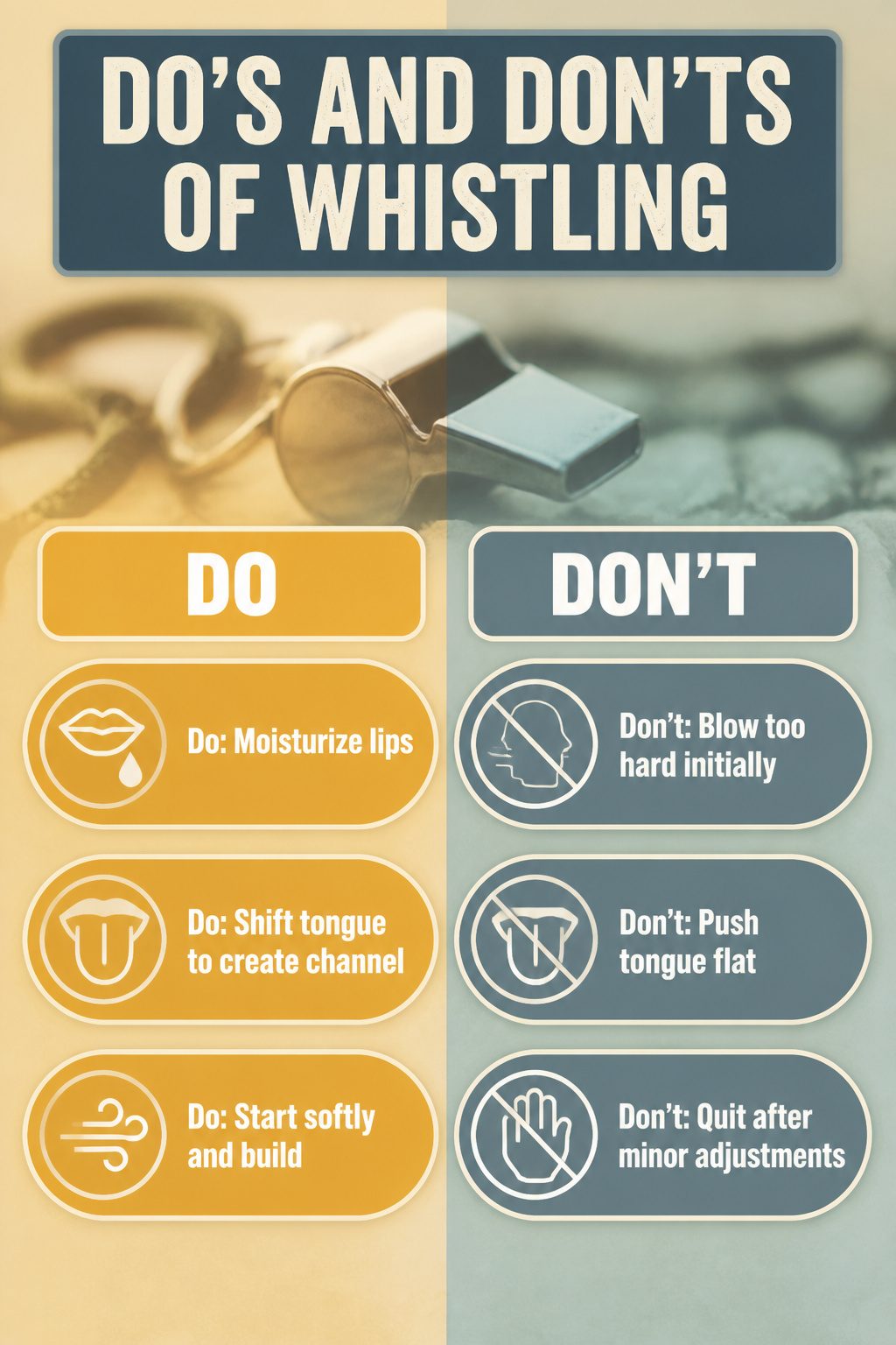 Loud Whistle: Finger Technique and the HyperWhistle 8 Information image detailing the do's and don'ts of whistling.