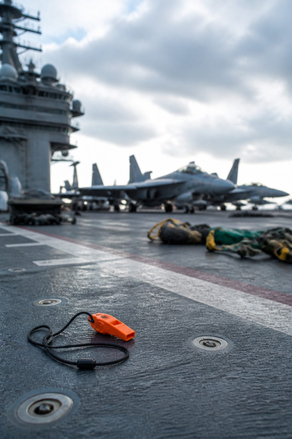 Loud Whistle: Finger Technique and the HyperWhistle 7 An aircraft carrier deck with jets, emphasizing loud environments.