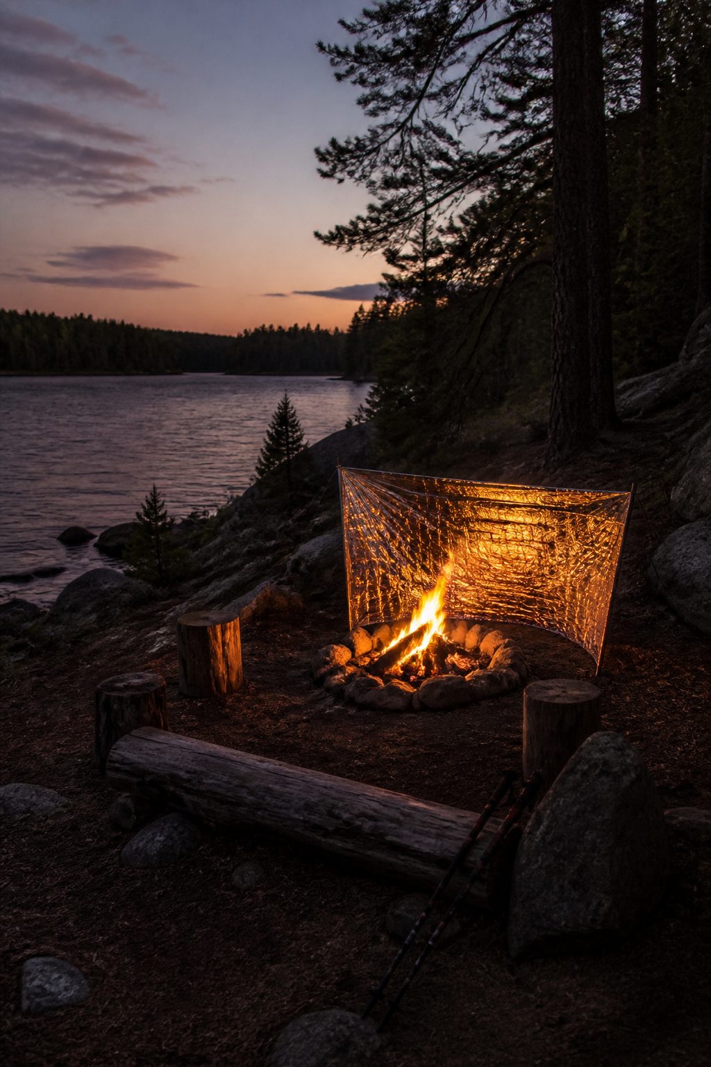 Mylar Blanket Uses: 38 Practical Ideas for Emergencies & Daily Life (2026) 4 A mylar blanket angled behind a campfire, reflecting heat.