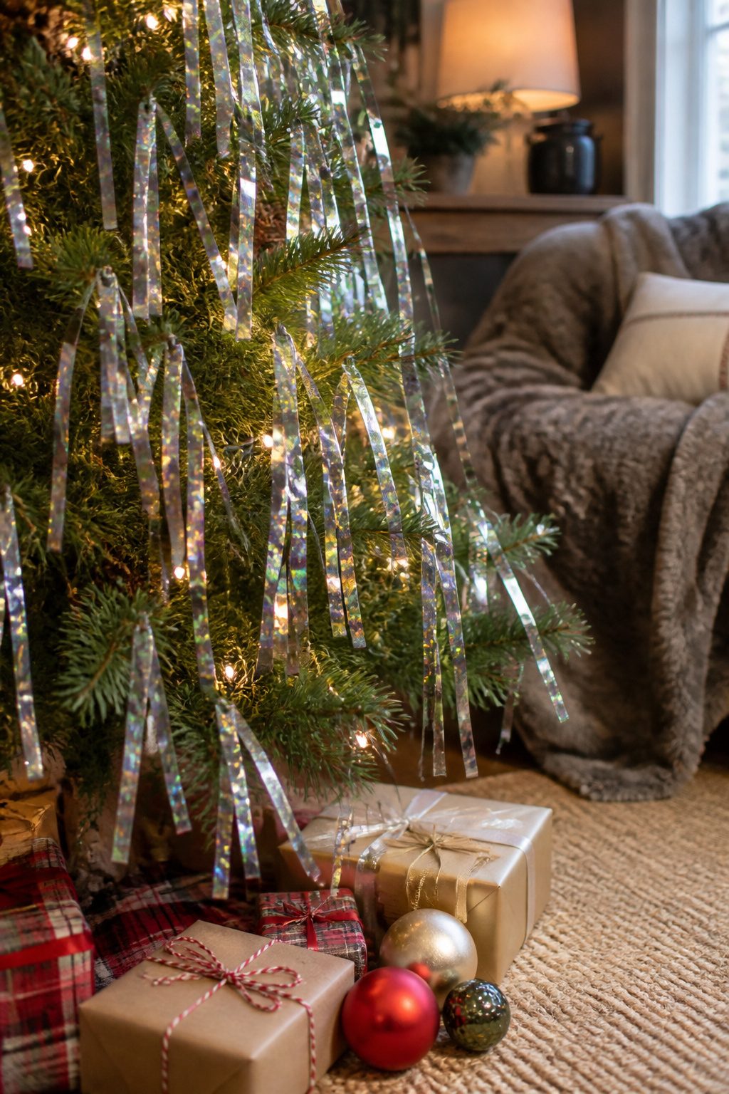 Mylar Blanket Uses: 38 Practical Ideas for Emergencies & Daily Life (2026) 27 A pine tree decorated with mylar strips resembling tinsel.