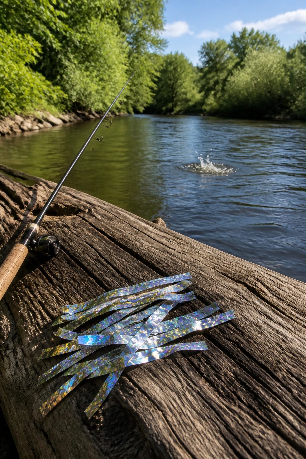 Mylar Blanket Uses: 38 Practical Ideas for Emergencies & Daily Life (2026) 13 Narrow strips of mylar blanket arranged as fishing bait on a log.