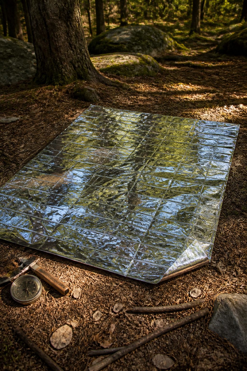 Mylar Blanket Uses: 38 Practical Ideas for Emergencies & Daily Life (2026) 2 A mylar blanket lying flat on the ground, reflecting sunlight.