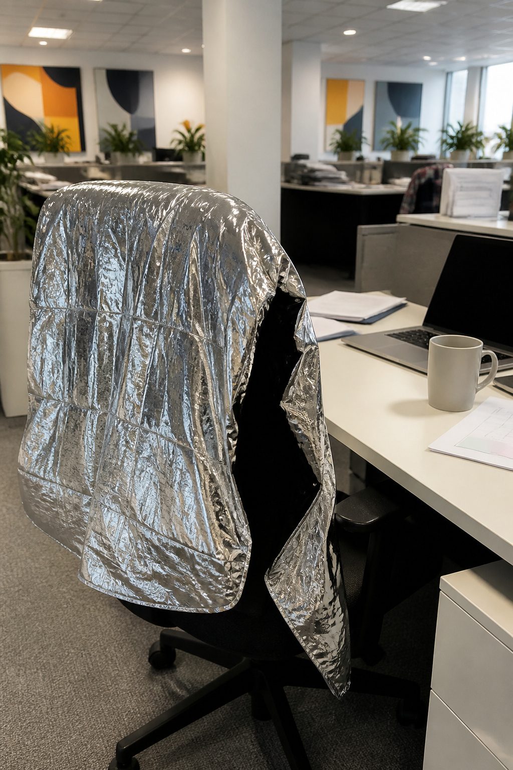 Mylar Blanket Uses: 38 Practical Ideas for Emergencies & Daily Life (2026) 20 A mylar blanket covering an office chair in a corporate workspace.