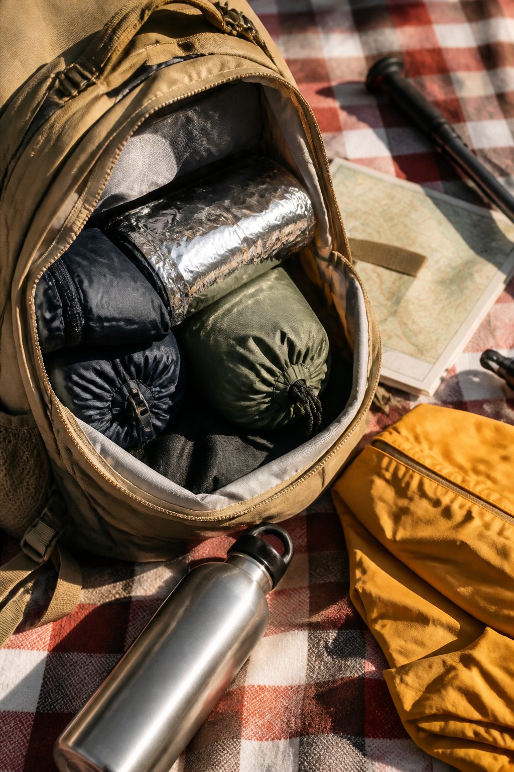 Mylar Blanket Uses: 38 Practical Ideas for Emergencies & Daily Life (2026) 40 A mylar blanket rolled inside a daypack, ready for use.