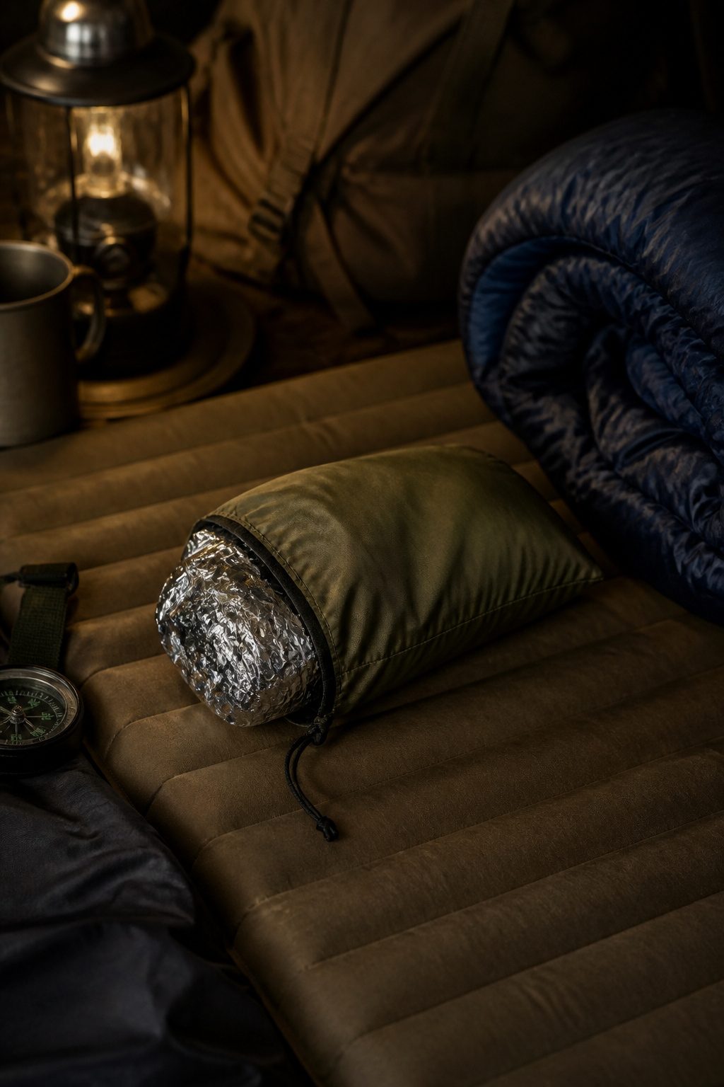 Mylar Blanket Uses: 38 Practical Ideas for Emergencies & Daily Life (2026) 11 A crumpled mylar blanket inside a stuff sack, used as a pillow.