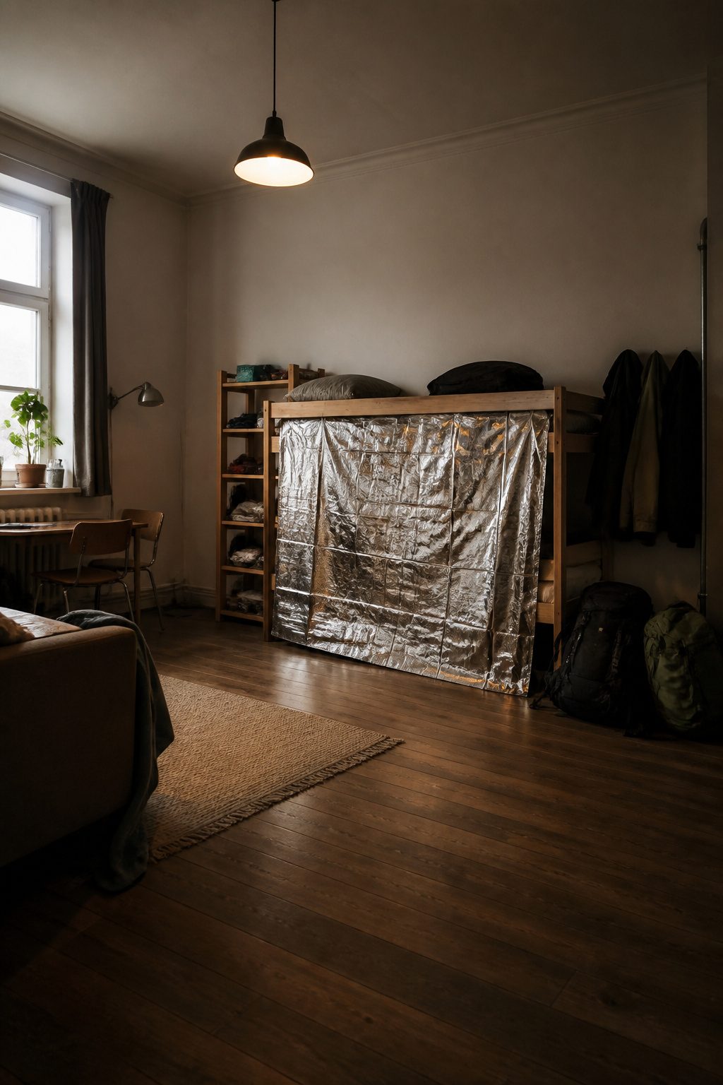 Mylar Blanket Uses: 38 Practical Ideas for Emergencies & Daily Life (2026) 34 A mylar sheet hung across a bunk for privacy.