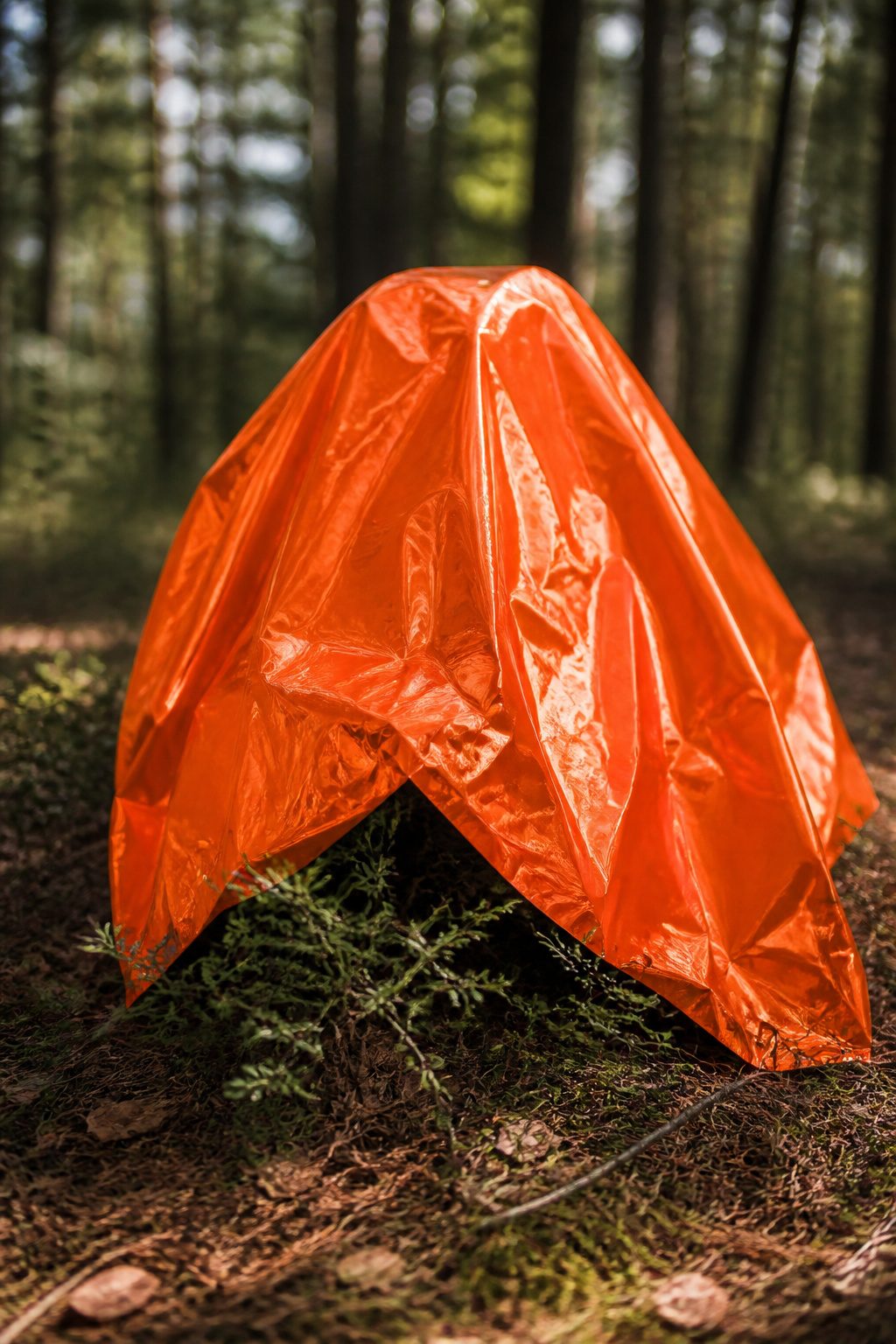 Mylar Blanket Uses: 38 Practical Ideas for Emergencies & Daily Life (2026) 15 A bright orange mylar blanket used for safety in the woods.