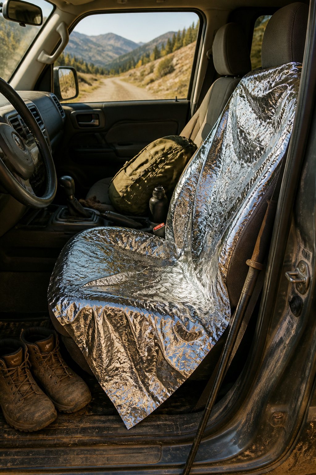 Mylar Blanket Uses: 38 Practical Ideas for Emergencies & Daily Life (2026) 23 A mylar blanket draped over the seats of an SUV.