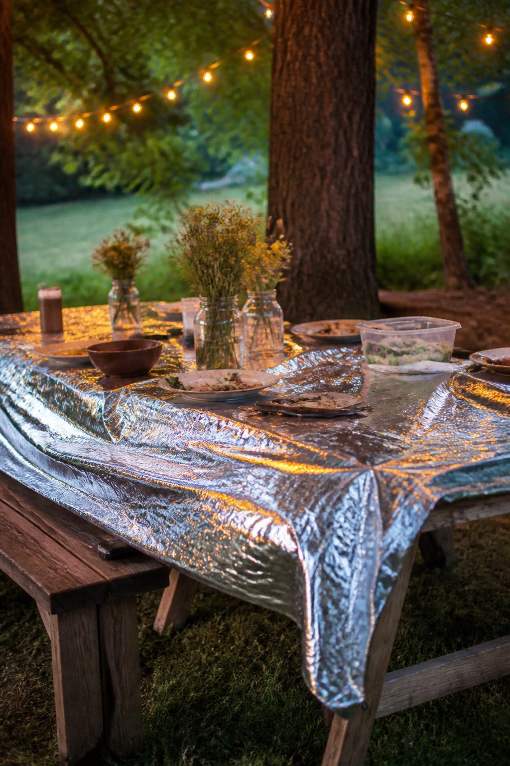 Mylar Blanket Uses: 38 Practical Ideas for Emergencies & Daily Life (2026) 8 A mylar blanket draped over a picnic table, reflecting string lights.