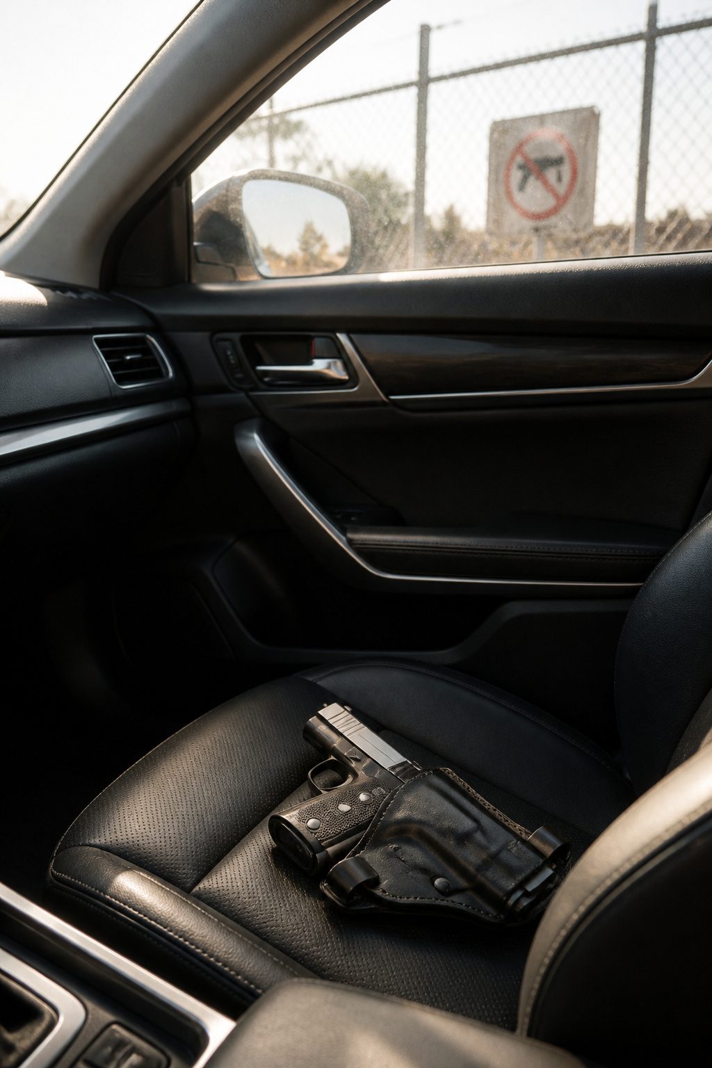 A handgun resting on an empty car seat in a parking lot.